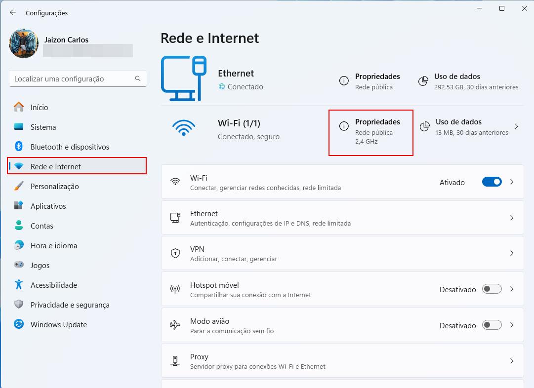 Painel de rede e internet do Windows