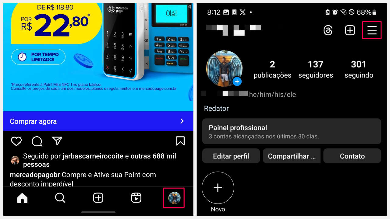 Abrir menu do Instagram para excluir conta