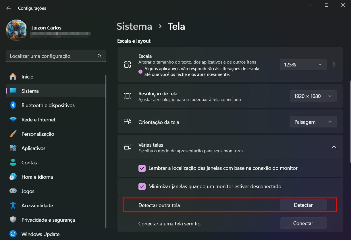 Página para configurar uma segunda tela para o notebook