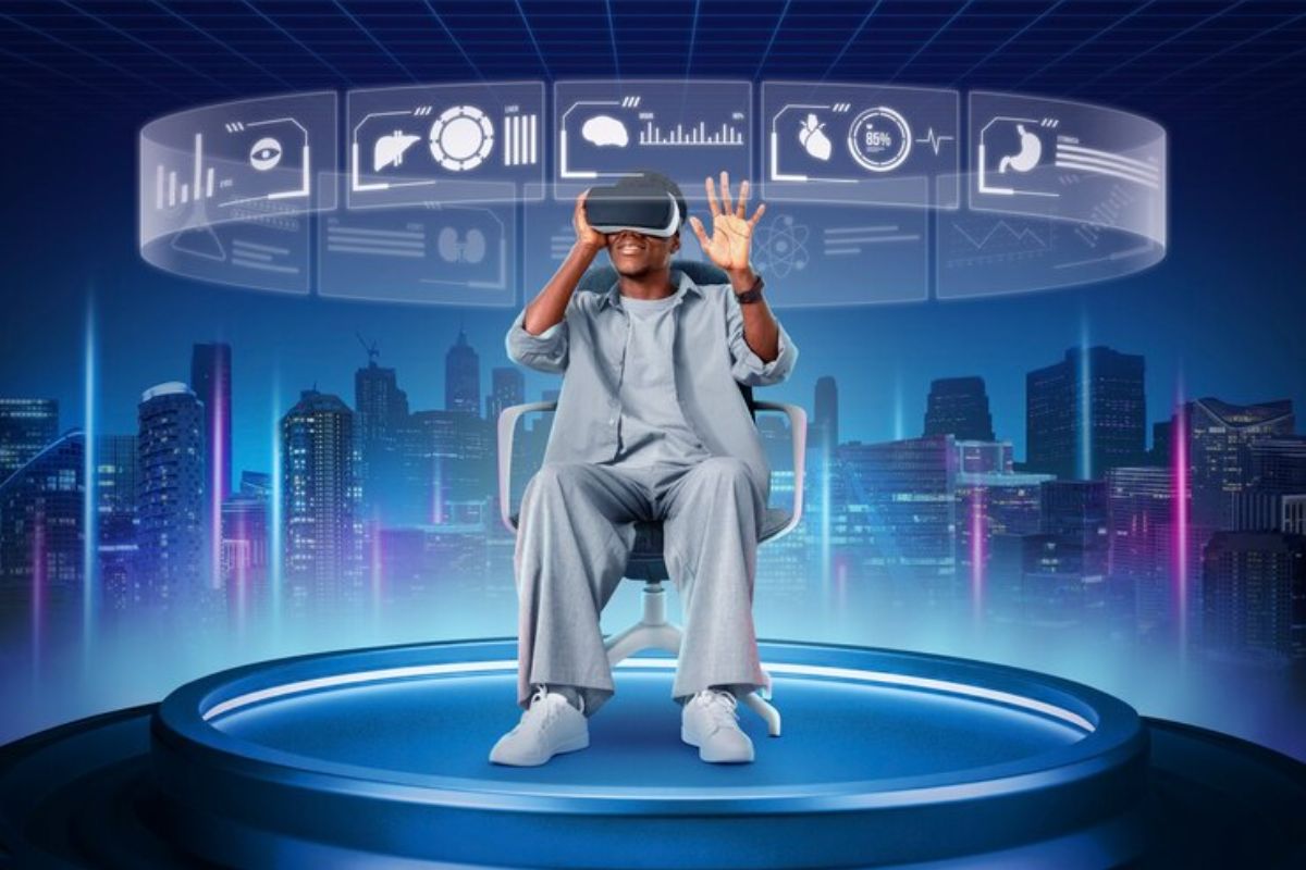 Um homem com óculos VR. É possível ver diversos efeitos digitais 