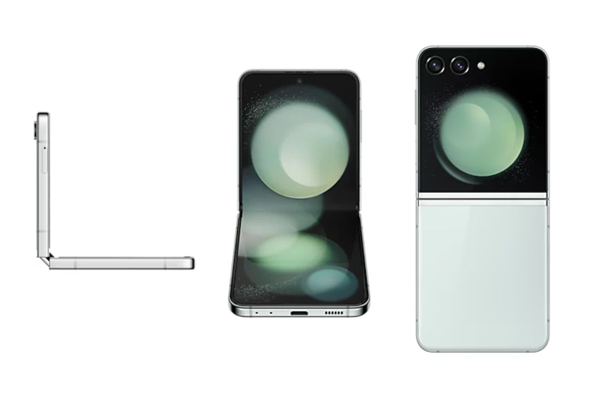 Imagem de divulgação em três ângulos do Samsung Flip Z