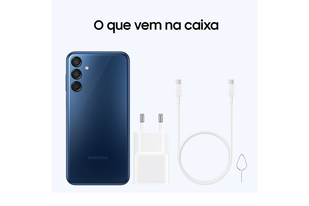 Imagem com o que vem na caixa do Galaxy M15. É possível ver o aparelho e o carregador 