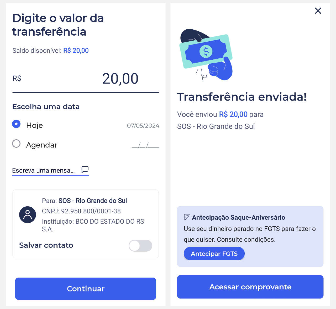 Transferência para ajudar o Rio Grande do Sul fazendo