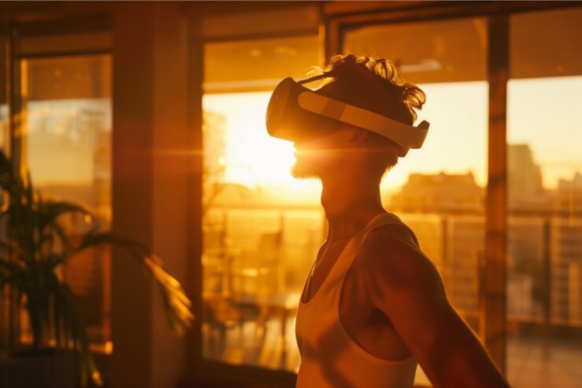 Um homem com VR em sua casa. Ao fundo há o pôr do sol e ele se questiona sobre por que óculos de realidade virtual caíram em desuso